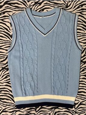 Light Blue Cable Knit V-Neck Vest